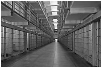 Row of prison cells, main block, Alcatraz prison interior. San Francisco, California, USA ( black and white)