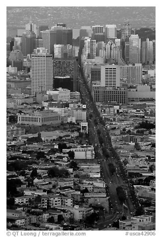 Market Avenue and downtown viewed from above at sunset. San Francisco, California, USA (black and white)
