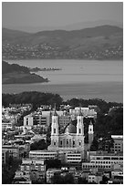 St Ignatius church, USF, and San Francisco Bay at sunset. San Francisco, California, USA (black and white)
