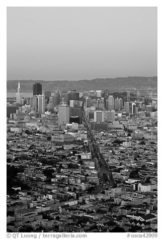 San Francisco skyline view from Twin Peaks at dusk. San Francisco, California, USA (black and white)