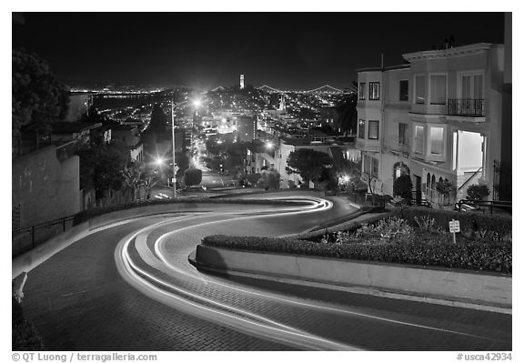 Crooked section of Lombard Street at night. San Francisco, California, USA