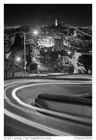 Tight hairpins turn by night on Lombard Street. San Francisco, California, USA