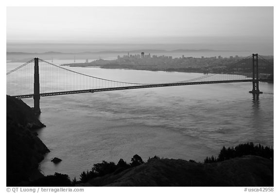 Golden Gate Bridge, San Francisco Bay, and city at dawn. San Francisco, California, USA (black and white)