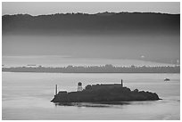 Sunrise, Alcatraz Island and Treasure Island. San Francisco, California, USA (black and white)