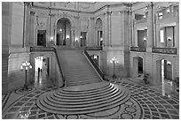 Grand staircase inside City Hall. San Francisco, California, USA (black and white)