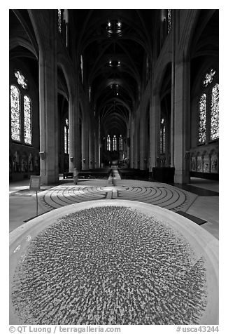 Stoup and Grace Cathedral nave. San Francisco, California, USA (black and white)