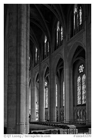 Nave and stained glass windows, Grace Cathedral. San Francisco, California, USA (black and white)
