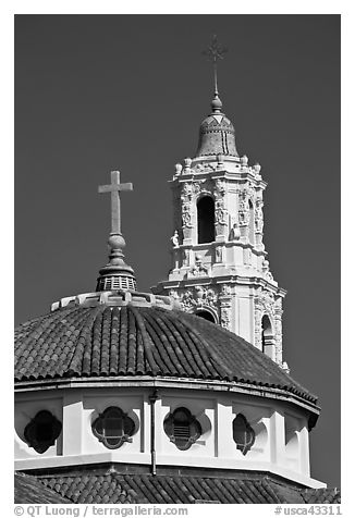 Roof and bell tower, Mission Dolores Basilica. San Francisco, California, USA (black and white)