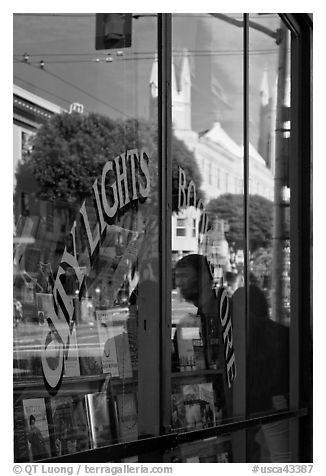 City Light Bookstore glass with church reflections, North Beach. San Francisco, California, USA (black and white)