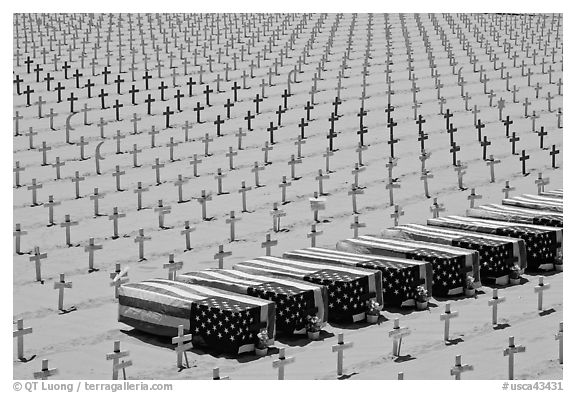 Flag draped coffins and crosses, Santa Monica beach. Santa Monica, Los Angeles, California, USA