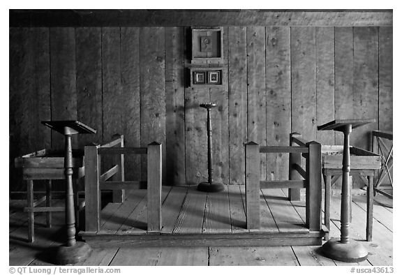 Russian chapel interior,  Fort Ross Historical State Park. Sonoma Coast, California, USA (black and white)