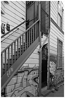 Mural at the bottom of house facade, Mission District. San Francisco, California, USA (black and white)