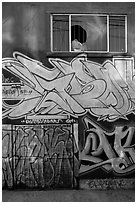 Mural paintings below broken window, Mission District. San Francisco, California, USA (black and white)