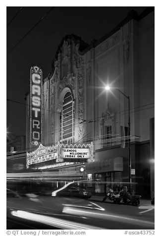 Light blurs and Castro Theater at night. San Francisco, California, USA