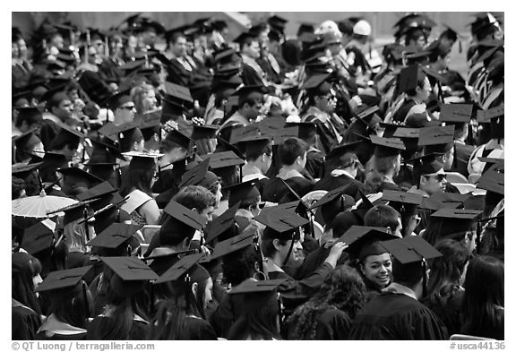 Graduating students in academic gowns and caps. Stanford University, California, USA (black and white)