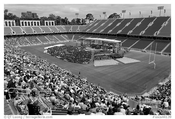 Commencement taking place in stadium. Stanford University, California, USA (black and white)