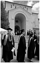 Students in academicals lined up in front of Memorial auditorium. Stanford University, California, USA (black and white)