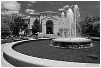 Fountain and Memorial auditorium. Stanford University, California, USA (black and white)