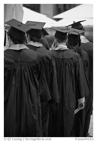 Graduates with robes and square caps seen from behind. Stanford University, California, USA (black and white)