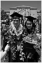 Graduates wearing flower garlands. Stanford University, California, USA (black and white)