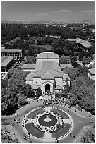 Fountain and Memorial auditorium seen from Hoover Tower. Stanford University, California, USA (black and white)