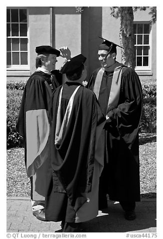 Academics in traditional dress. Stanford University, California, USA (black and white)