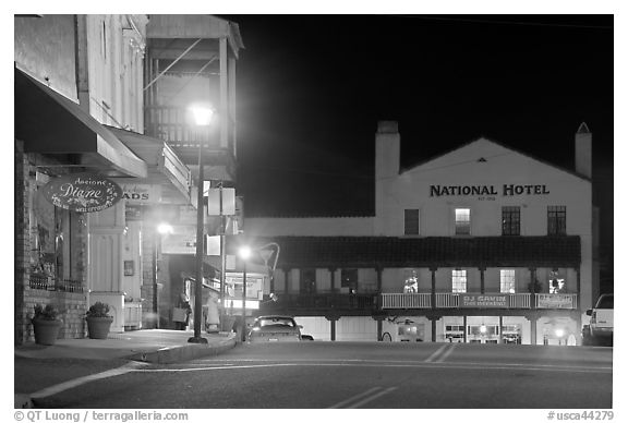 Main street and National Hotel by night, Jackson. California, USA (black and white)