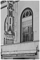 California Theater facade detail, Dunsmuir. California, USA (black and white)