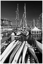 Kayaks and yachts, Jack London Square. Oakland, California, USA (black and white)