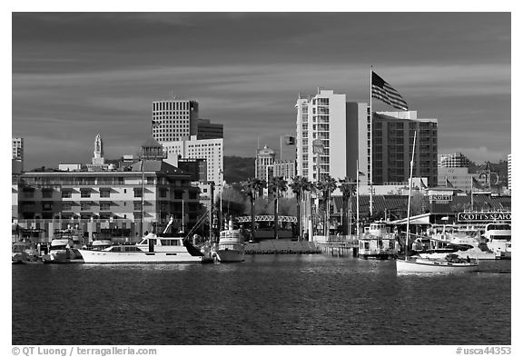 View of Oakland harbor and Jack London Square. Oakland, California, USA (black and white)