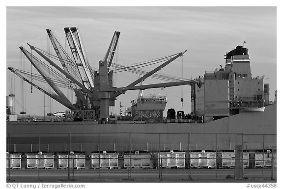 Freight Vessel with cranes. Alameda, California, USA (black and white)