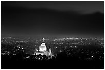 Oakland temple above the Bay by night. Oakland, California, USA (black and white)