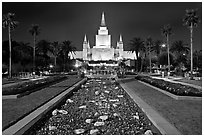 Oakland Mormon temple and grounds by night. Oakland, California, USA ( black and white)