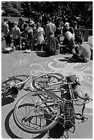 Bicycles and food line, Peoples Park. Berkeley, California, USA (black and white)