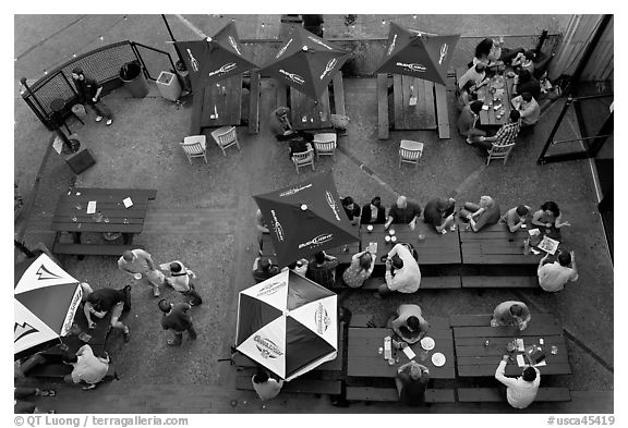 Bar tables from above. Berkeley, California, USA (black and white)