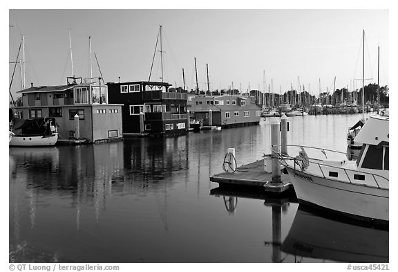 Houseboats in Berkeley Marina, sunset. Berkeley, California, USA