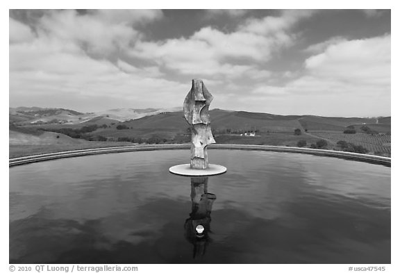 Reflecting pool and sculpture, Artesa Winery. Napa Valley, California, USA (black and white)