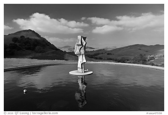 Pool, sculpture, and hills, Artesa Winery. Napa Valley, California, USA (black and white)