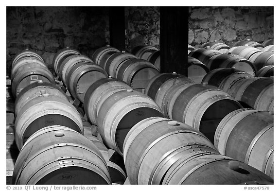 Wine casks in storage. Napa Valley, California, USA (black and white)