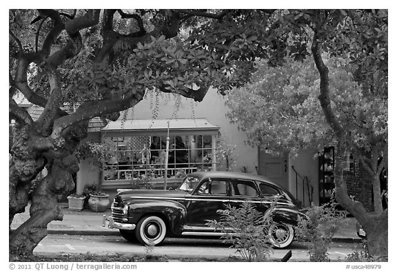 Classic car on Ocean Avenue. Carmel-by-the-Sea, California, USA (black and white)