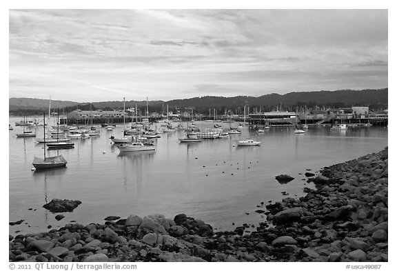 Harbor and Fishermans Wharf, late afternoon. Monterey, California, USA (black and white)