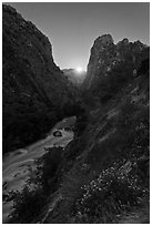 Moonrise on Kings Canyon, South Fork of the Kings River. Giant Sequoia National Monument, Sequoia National Forest, California, USA ( black and white)