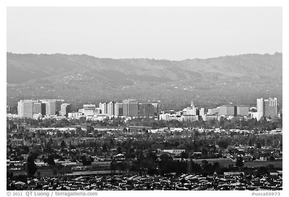 City skyline and Santa Cruz Mountains, early morning. San Jose, California, USA (black and white)