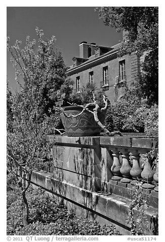 Balustrade, blossoms, and house, Filoli estate. Woodside,  California, USA (black and white)