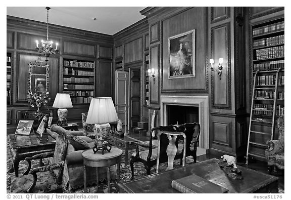Room with antique furnishings, Filoli estate. Woodside,  California, USA (black and white)