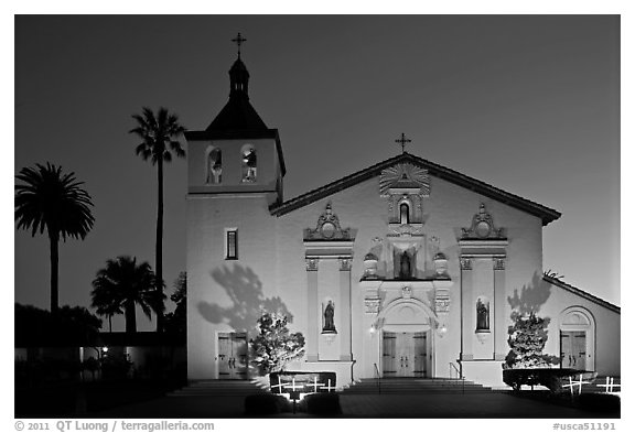 Santa Clara Mission illuminated at dusk. Santa Clara, SF Bay area, California, USA