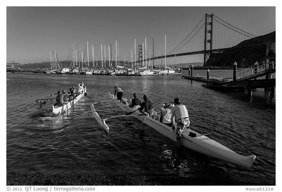 Outrigger canoes and Golden Gate Bridge. California, USA (black and white)
