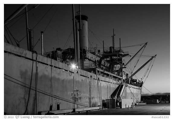 SS Red Oak Victory ship at dusk, Rosie the Riveter National Historical Park. Richmond, California, USA (black and white)