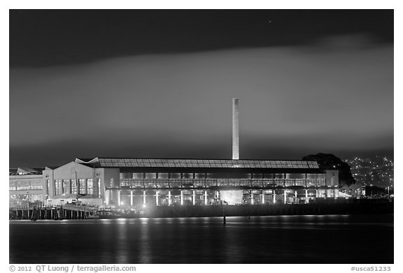 Factory building at night, Rosie the Riveter/World War II Home Front National Historical Park. Richmond, California, USA (black and white)