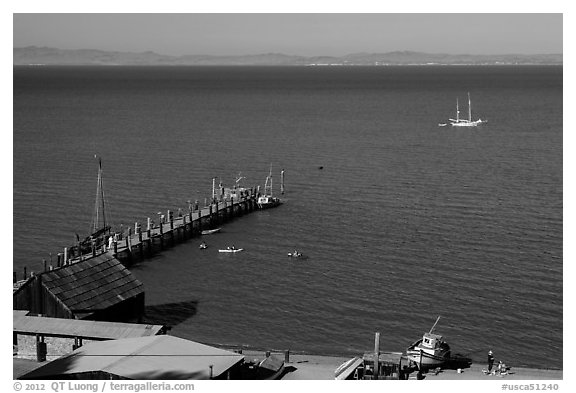 Historic Pier, China Camp Beach, China Camp State Park. San Pablo Bay, California, USA (black and white)